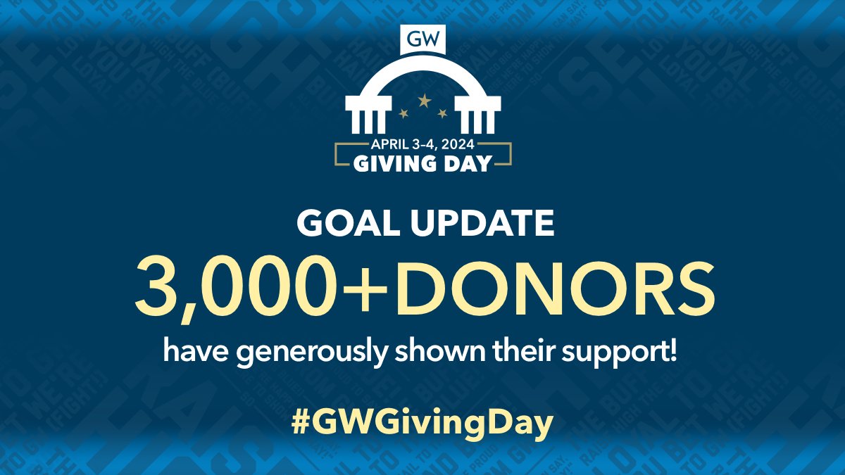 Donor goal? Met. Our GW community came together and helped us reach our donor goal of 3,000 on #GWGivingDay. Thank you for your support of GW students! Keep the momentum going by making your gift ➡️ givecampus.com/9qn0b4