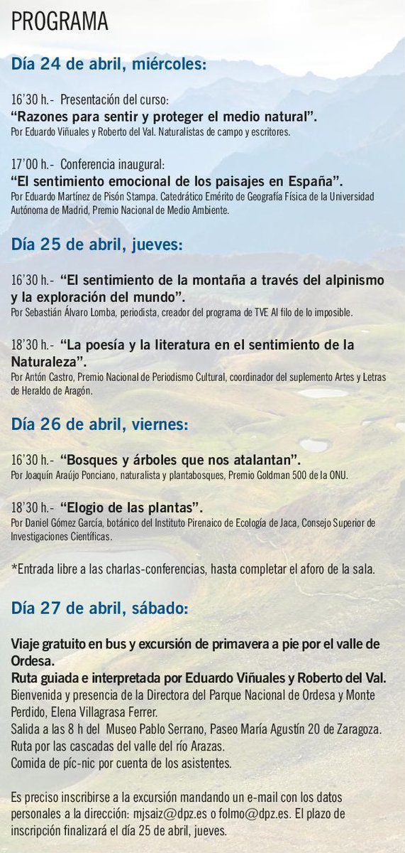rdelvalta's tweet photo. Empezamos ya la difusión del curso que hemos organizado para la Institución Fernando el Católico sobre "El sentimiento de la Naturaleza", donde intervendrán Martínez de Pisón, Joaquín Araújo, Sebastián Álvaro, Antón Castro o Daniel Gómez.
Del 24 al 27 abril. Asistencia gratuita https://t.co/sKQq9UCZsZ