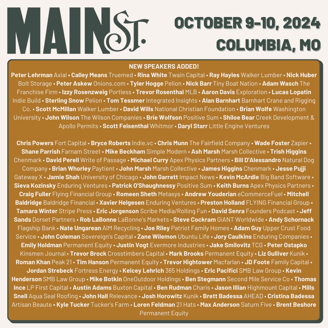 Main Street businesses are a diverse collection of talents and backgrounds, all with the shared purpose of serving their customers, employees, and communities. What a crew we have coming to @MainStSummit. Hope you'll join. Tickets start at $250: mainstreetsummit.com