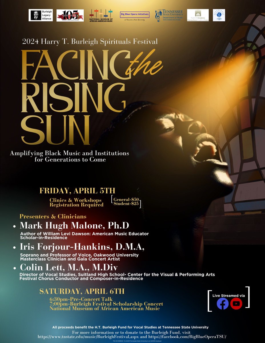 Come support TSU H.T. Burleigh Fund for Vocal Studies 'Facing the Rising Sun' on 4/6/24 @ the National Museum of African American Music. #tsustrength #tsumusic #nmaam