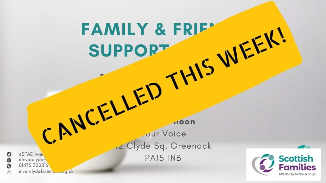 Due to unforeseen circumstances, our Family & Friends Support Group will be cancelled tomorrow, Friday 5th April. If you would like to have a chat please contact our Scottish Families Inverclyde Family Support Service ✉️ inverclydefss@sfad.org.uk ☎️01475 302 816