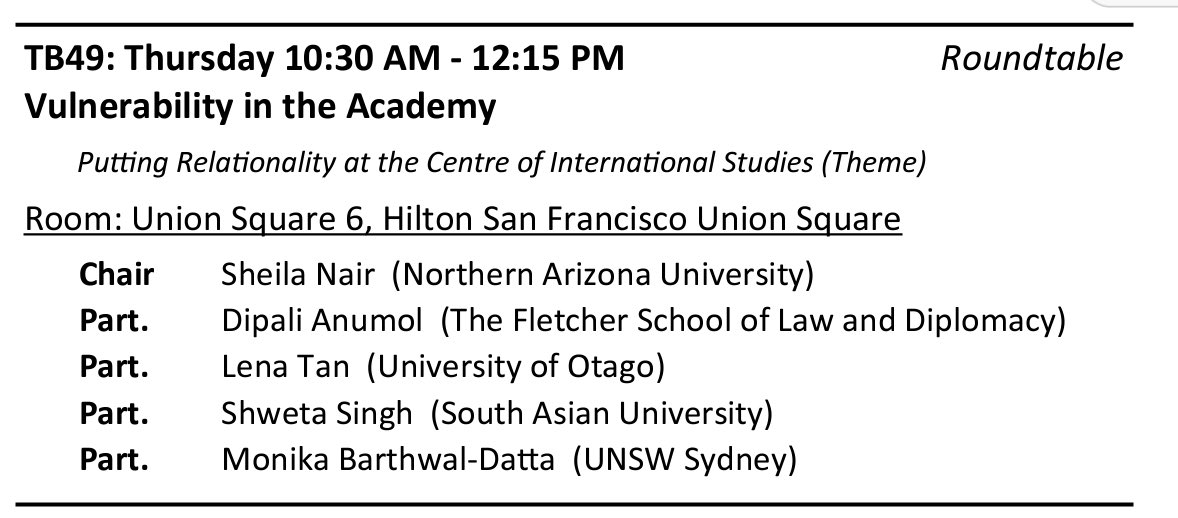 At 10:30am, I’m joining some wonderful academics (Sheila Nair, Lena Tan, @shwets_singh, @monika_bd) to discuss vulnerability in the academy. Come share your thoughts with us too! #ISA2024 @isanet