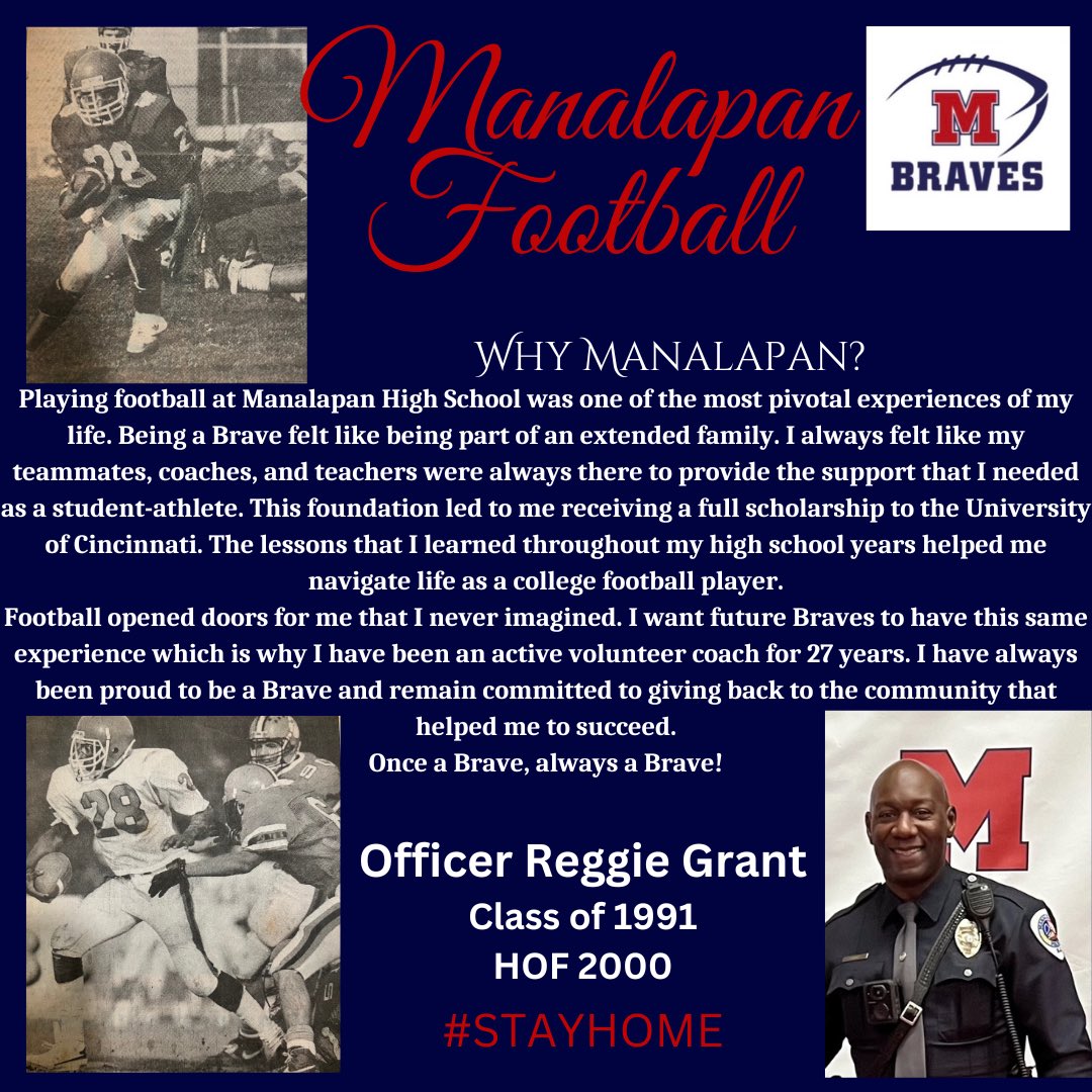 HERE WE GO!! Week 2 of 10 of our Manalapan Football player profile..we know him as our brother, coach and friend..most know him as Officer Grant!! From #churchlane to #ucincy. and back to #ThePan #thebraveway. ⁦@ReggieG91865813⁩