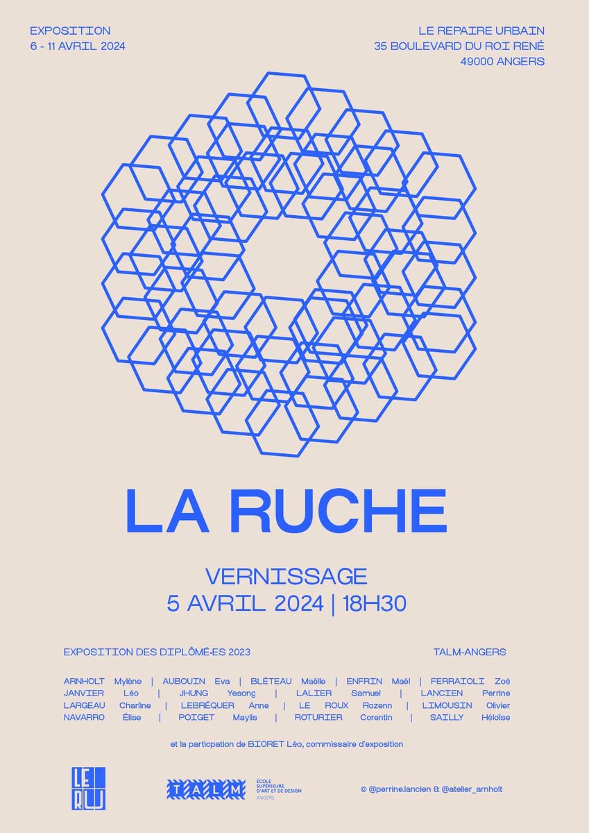 🎓 Les diplômé·es en Art 2023 #TALM_Angers exposent
au RU–Repaire Urbain à Angers du 6 > 11.04.24 accompagné·es de Léo Bioret, commissaire d'expo✨Vernissage de l'expo La Ruche, le ven. 5 avril à 18h30 au RU ✨
#CultureAngers
#professionnalisation 
#enseignementsup #art #design