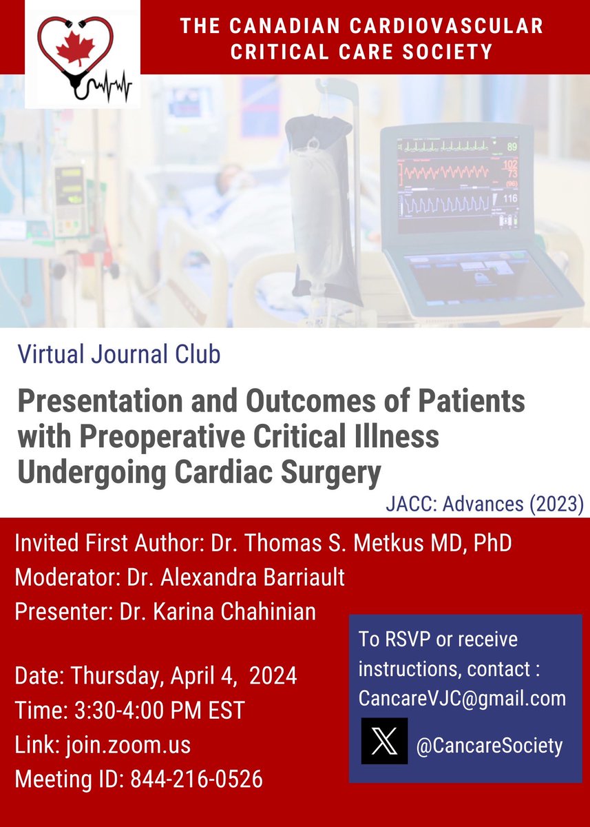 🚨ATTENTION CCS TRAINEES🚨

Friendly reminder of our Virtual Journal Club session taking place today! 

Presentation and Outcomes of Patients with Preoperative Critical Illness Undergoing Cardiac Surgery!

Come join us today and meet our esteemed guests!