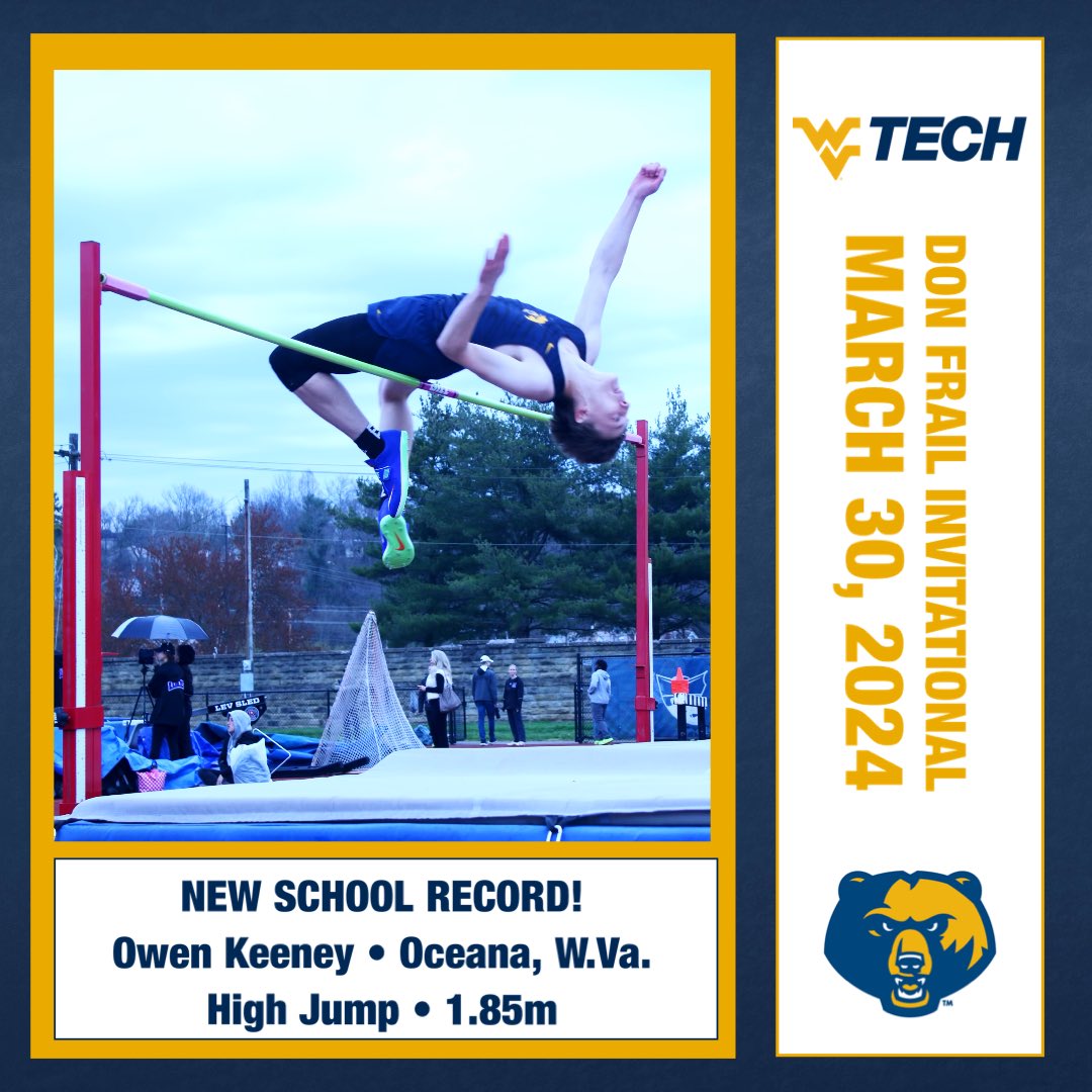 Congratulations to freshman Owen Keeney who now holds the @WVUTechXCTF high jump record after a 1.85 meter mark during the Don Frail Invitational. 📸: Samuel Pyle