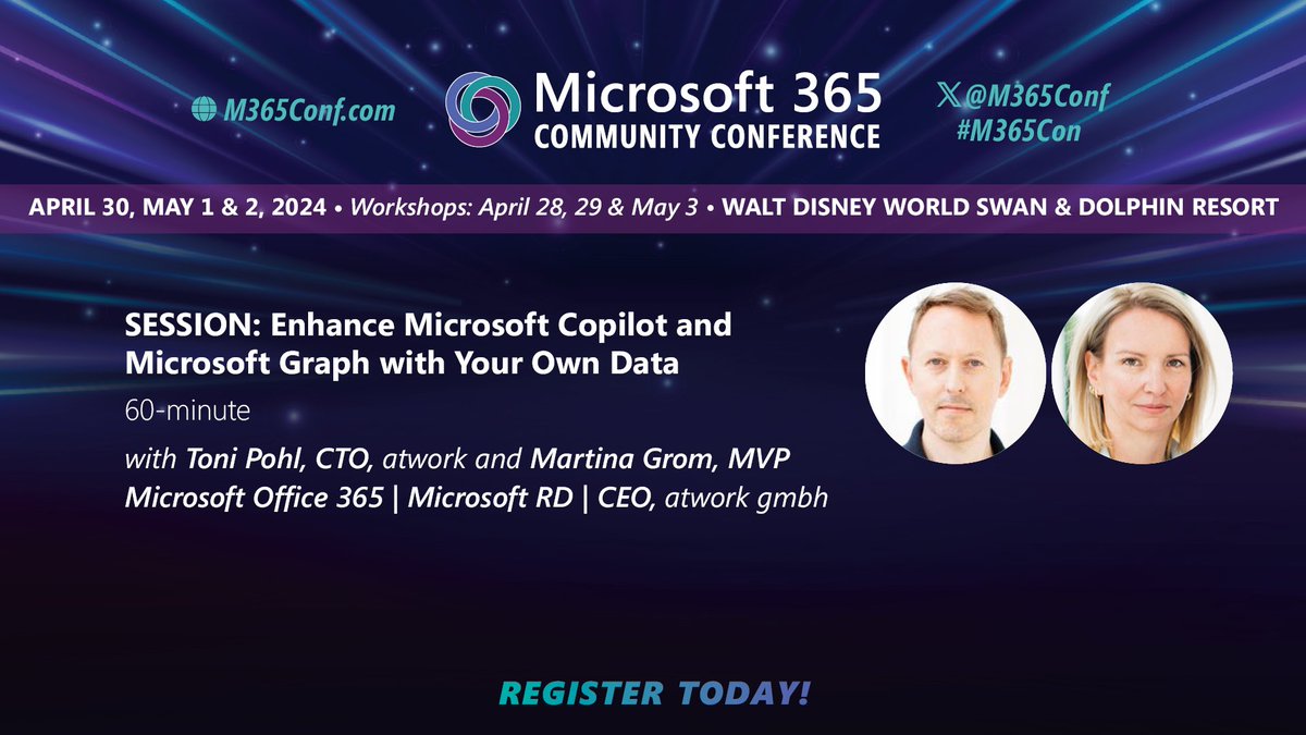 #M365Con is excited to have @magrom & @atwork joining the community in Orlando. Martina and Toni bring their extensive expertise in data management in the world of AI. Learn more ▶️ m365conf.com/#!/speaker/Mar… Register Today: m365conf.com #MicrosoftAI #MicrosoftGraph