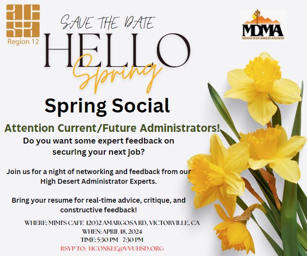 Save the date and mark your calendar! The Mountain Desert Management Association (MDMA) will be hosting a Spring Social on April 18th at 5:30pm. You won't want to miss this opportunity to speak with experts regarding prepping for your next position. Be sure to RSVP! @acsa_info