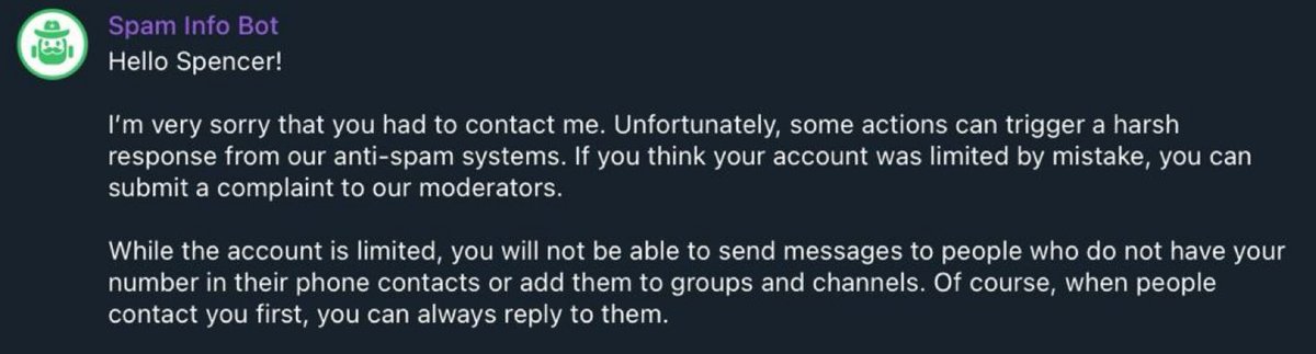 has anybody ever had their telegram account marked as spam? as of last night I can't post in one very specific tg channel — s/o @rehashweb3 — and I just found I'm blocked from creating new groups halp!