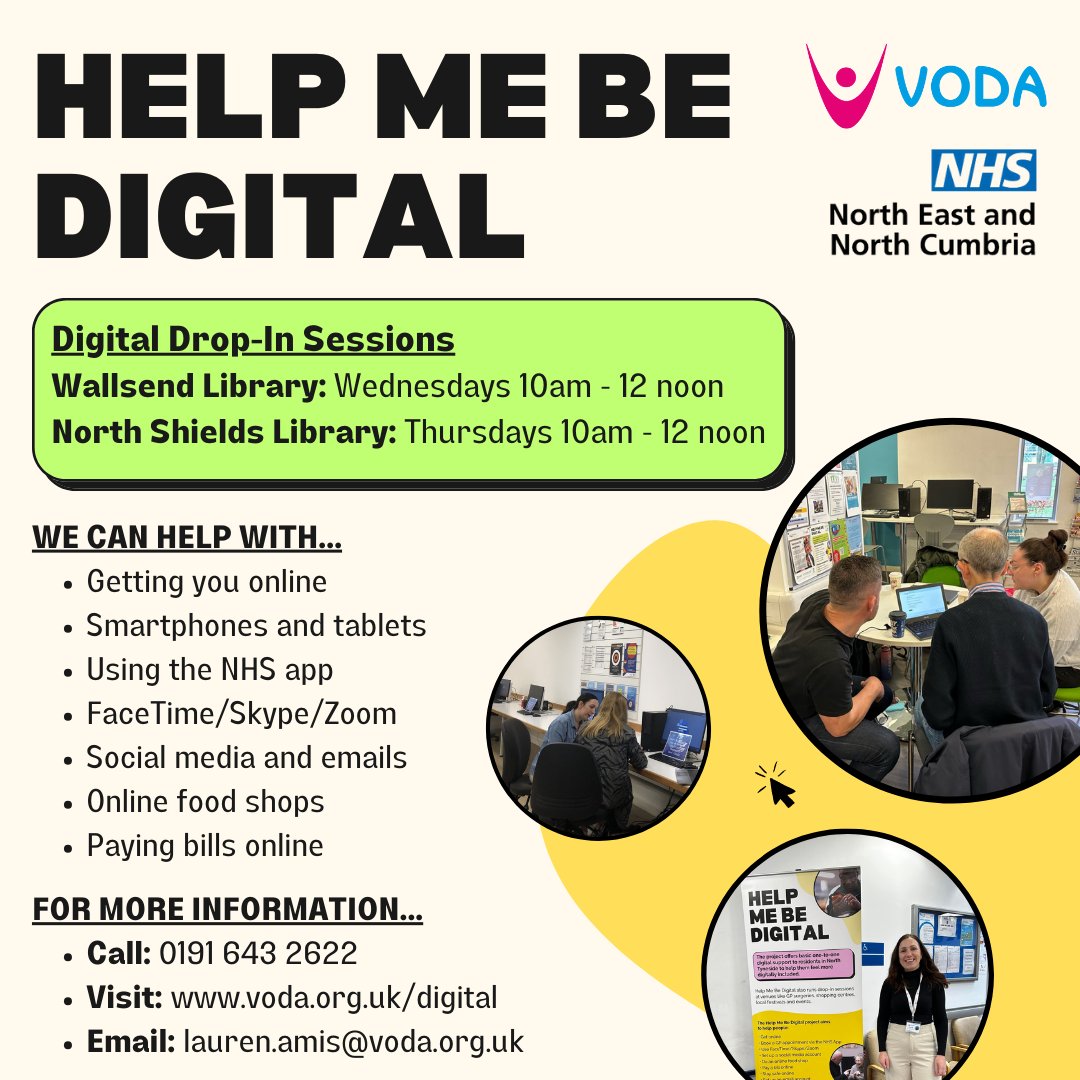 Do you know someone in #NorthTyneside who needs help with their digital devices? Send them along to a Help Me Be Digital friendly drop-in. 
🔹Wallsend Library - Wednesdays from 10am to 12pm
🔹North Shields Library - Thursdays from 10am to 12pm
Email lauren.amis@voda.org.uk.