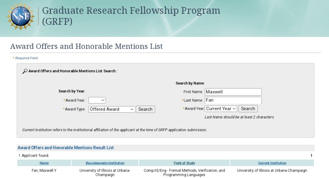 Super proud of Illinois Theorem Prover undergraduate researcher Max Fan for getting the NSF GRFP this year! Congrats! Max is currently deciding where to go for his PhD. Whoever gets to work with him is lucky 😄. @plfmse @IllinoisCS