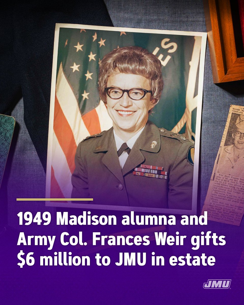 Distinguished alumna and decorated military leader Frances Weir ('49) gifted JMU nearly $6 million that will help students for years to come. bit.ly/JMUWeirGift