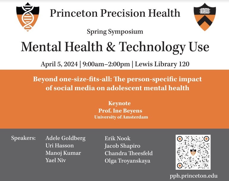 Tomorrow @PrincetonPPH is hosting a symposium on Technology Use & Mental Health. @IneBeyens, from the @UvA_Amsterdam, will give the keynote address. 🕒 9 a.m. - 2 p.m. 🗓️ April 5 🏛️Lewis Library, room 120. Register: pph.princeton.edu/tech-and-menta…