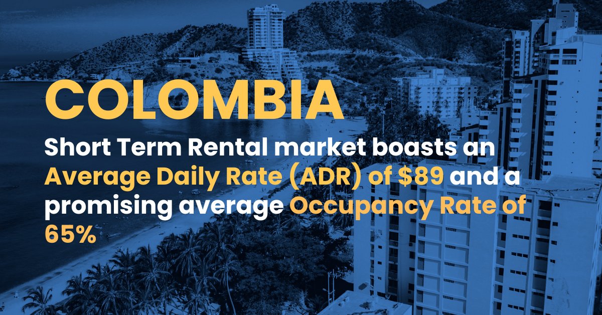 Embark on an Epic STR Journey in Colombia! 🇨🇴
Colombia's STR market is ablaze 🔥 with an $89 ADR and a 65% occupancy rate! 
From Bogota's streets to Cartagena's shores, Colombia is a goldmine 🏆 for unforgettable experiences. 🇨🇴💼
#STRTrends #DataAnalysis #Colombia