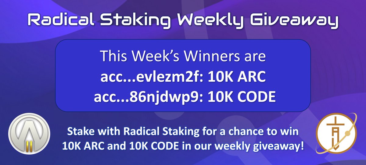 This week's giveaway winners are: 🏆 acc..evlezm2f: 10K ARC 🏆 acc..86njdwp9: 10K CODE Congratulations and thank you for supporting @arcanelabyrinth, @ProjElysium and @RadicalStaking! Missed this week's giveaway? Find out how to enter at bit.ly/3MkwmDR #Radix $XRD