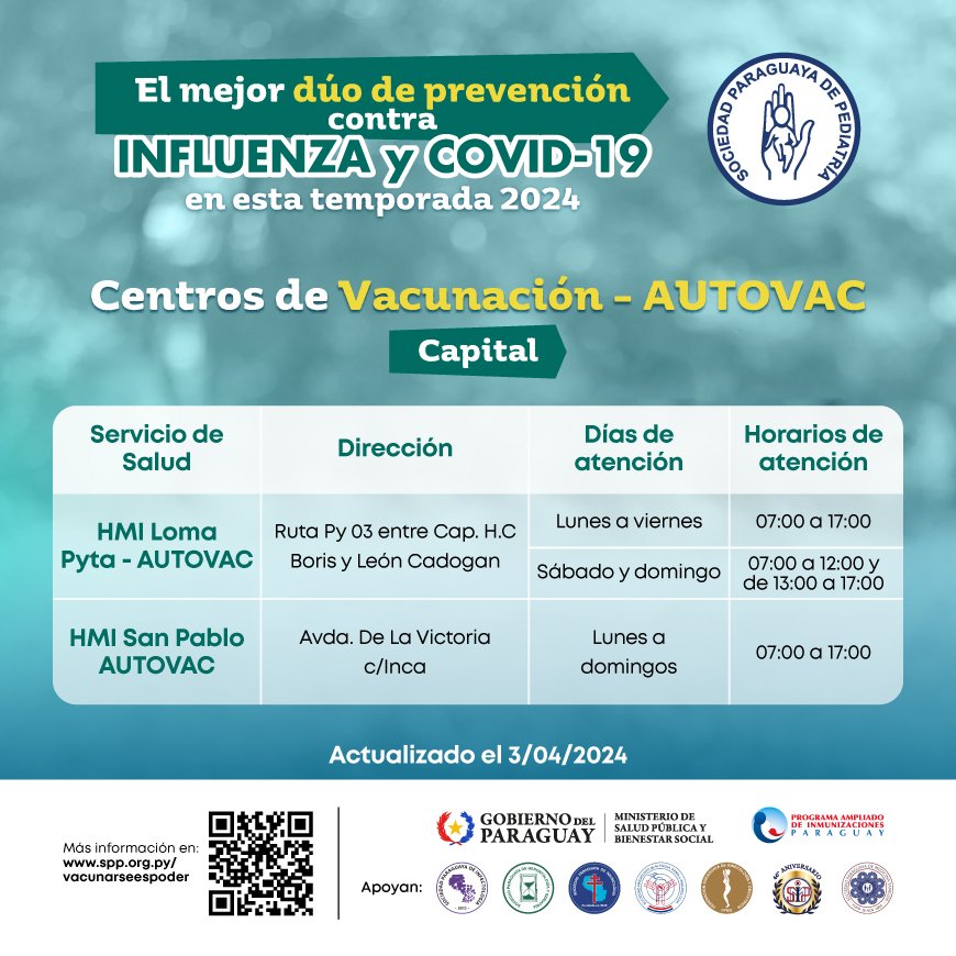 💉 Vacunación contra la #Influenza y el #COVID19

Habilitado el 🚗 autovac en algunos vacunatorios

📍Otros centros vacunatorios en vacunate.gov.py
