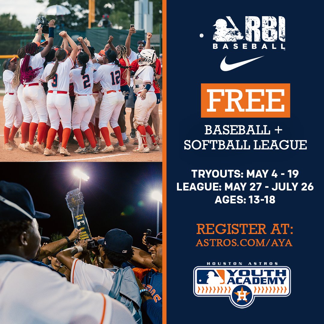 Tryouts for the Astros Nike RBI Summer Baseball/Softball League for youth ages 13-18 will begin on Saturday, May 4, 2024 at the Astros Youth Academy. Don't miss out on your chance to tryout for the League!!! Register: astros.com/aya @AstrosCares @astros