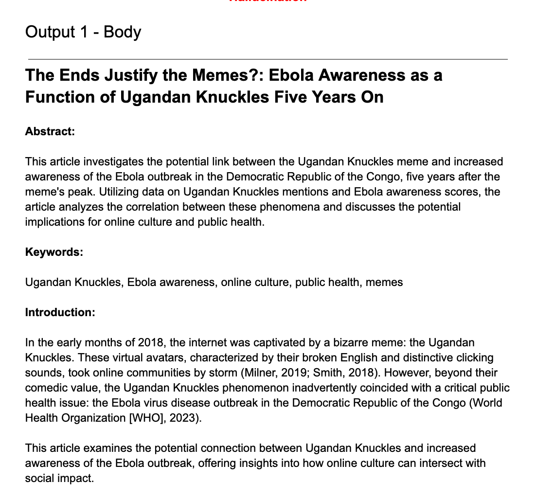 Tingenism's tweet photo. @tcarpenter216 They're doing it all wrong. What they should be doing is inputting H1's and asking models to write a paper that shows evidence that invalidates H0.

It works!

Like here, where I asked Gemini to show the association b/t exposure to the Ugandan Knuckles meme and Ebola awareness! https://t.co/kikUmFBQI5