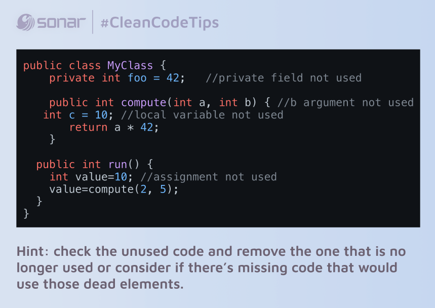 Java #CleanCodeTips! Unused code fragments often go unnoticed during development and merge processes, impacting code readability and confidence in completion. Take the time to identify and remove these elements to maintain a clean and efficient codebase!