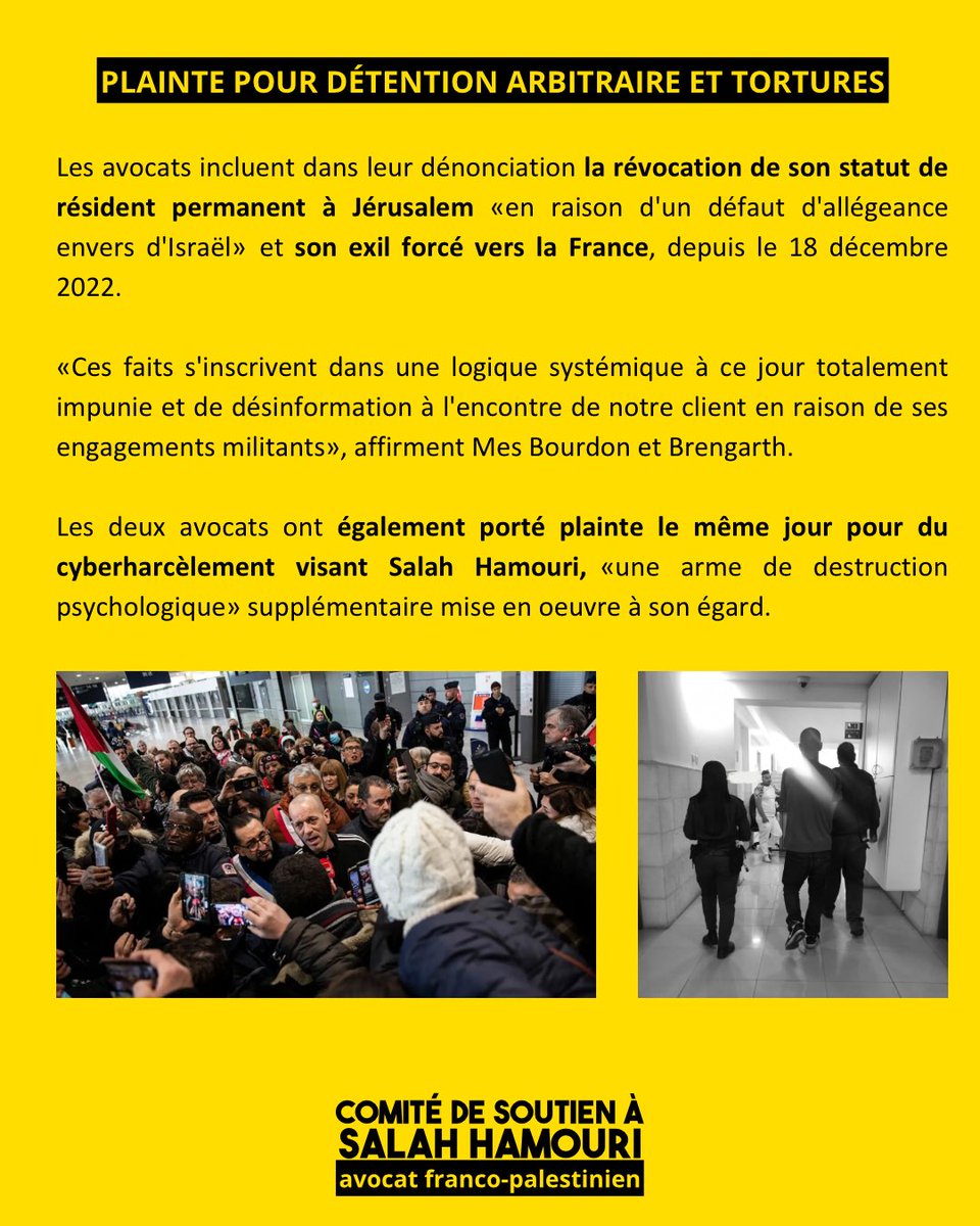 📍L'avocat franco-palestinien Salah Hamouri a porté plainte à Paris, le 28 mars, pour détention arbitraire et tortures afin de dénoncer les conditions de son incarcération par Israël, en 2022, ainsi que pour cyberharcèlement. #justice4salah #justicepoursalah