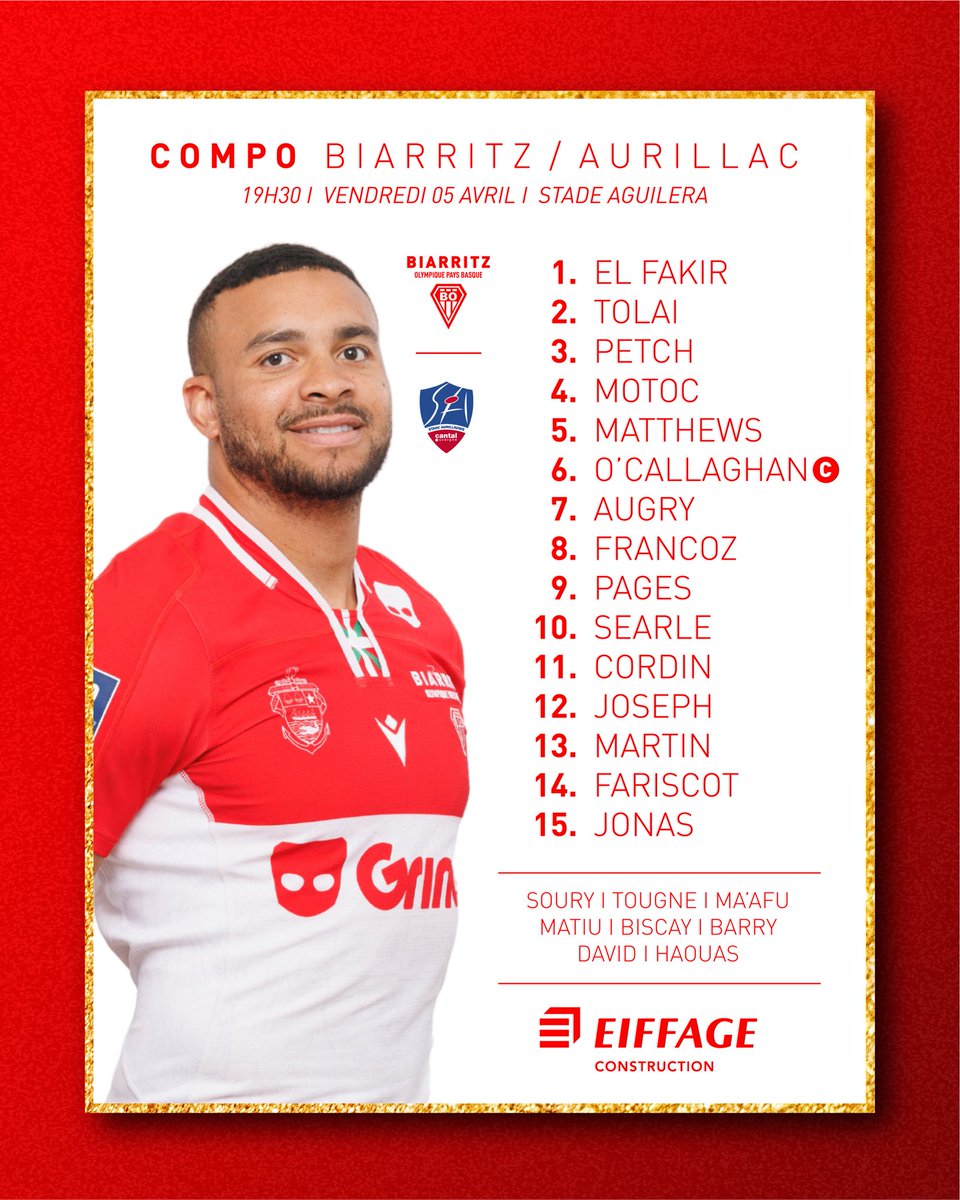 𝐋𝐚 𝐜𝐨𝐦𝐩𝐨 🔥 Eiffage Construction vous présente le XV de départ pour notre J25 face à Aurillac Aupa 🅱️🅾️ ! 🎟️ billetterie-bopb.fr/fr #BO #BOPB #BiarritzOlympique #BiarritzOlympiquePaysBasque #Rugby #ProD2 #PaysBasque