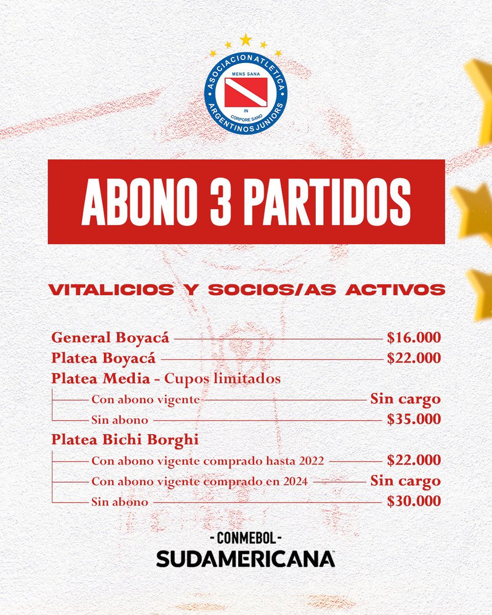 AAAJoficial's tweet photo. #AAAJ 🎟️ ¡VENTA DE ENTRADAS PARA LA COPA SUDAMERICANA!
Conocé los valores de las entradas para la fase de grupos, beneficios exclusivos para @SociosAAAJ y toda la información necesaria para acompañar al equipo en el camino de La Gran Conquista 🏆

https://t.co/ftfMSP9xR9 https://t.co/cseGrcR0Xl