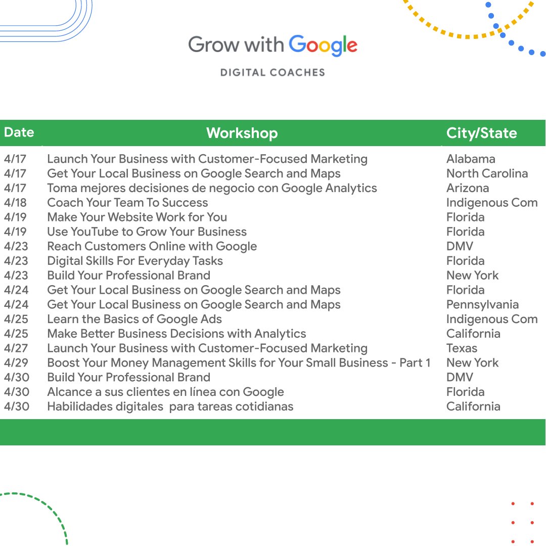 SAVE 👏 THESE 👏 DATES 👏

Check out these FREE #GrowWithGoogle digital skills training workshops for small business owners all throughout April for #FinancialLiteracyMonth. grow.google/digital-coache…