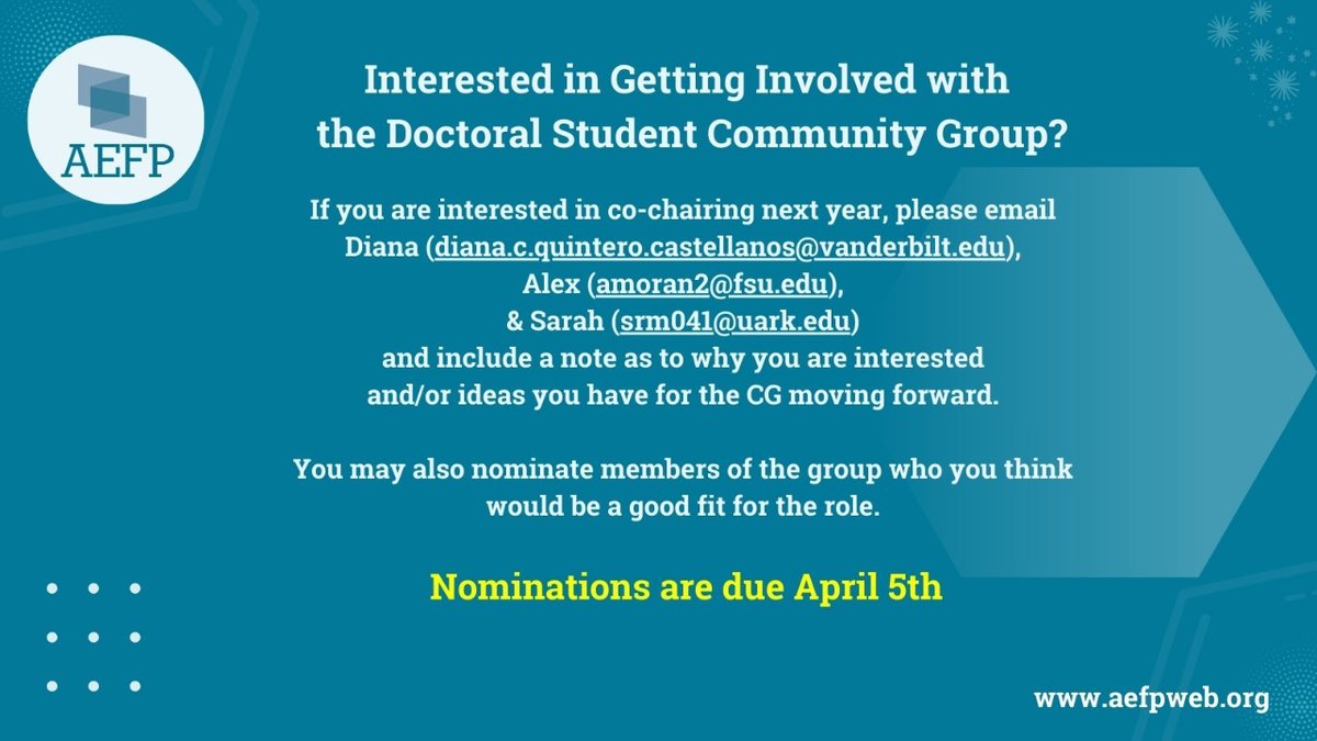 If you are interested in co-chairing the Doc Student Community Group next year, please email Sarah (srm041@uark.edu), Diana (diana.c.quintero.castellanos@vanderbilt.edu), & Alex (amoran2@fsu.edu). Nominations are due TOMORROW April 5th!