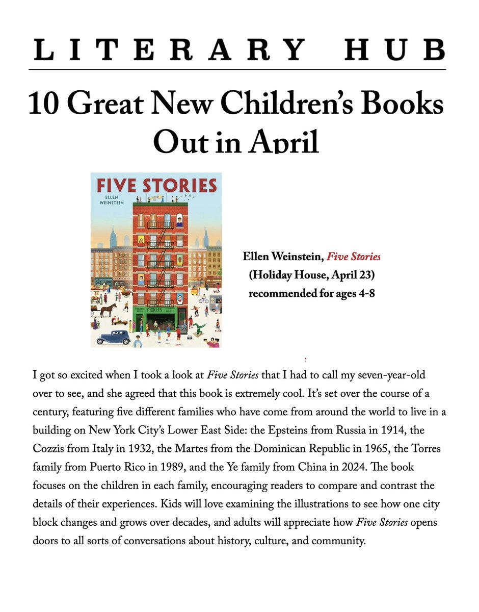 Thank you to @lithub for the wonderful shout-out and for naming Five Stories one of its 10 Great New Children's Books Out in April! I am in great company with Felicita Sala, Dan Santat, and Matthew Cordell. @HolidayHouseBks lithub.com/10-great-new-c…