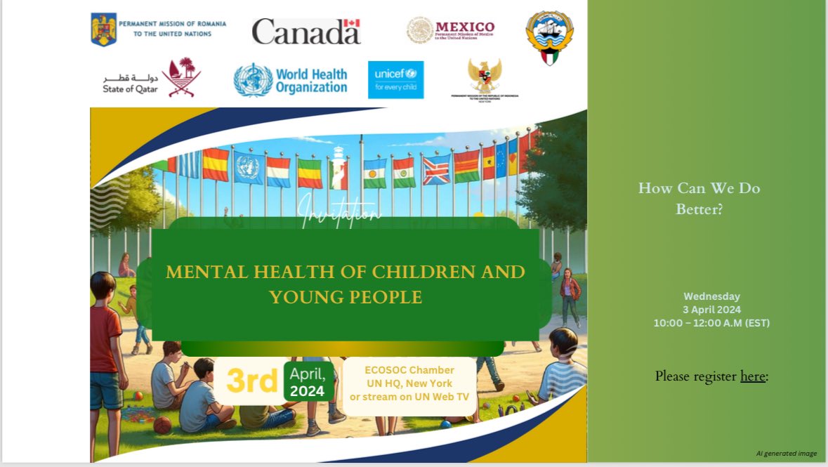 #Kuwait was honoured yesterday to co-host an event at the @UN titled “Mental Health of Children and Young People,” in cooperation with @WHO and @UNICEF and the Permanent Missions of Qatar, Indonesia, Romania, Mexico, and Canada. The event’s objectives were: 🔸Raise awareness