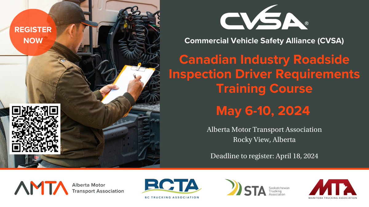 Only a few seats remaining!! The CVSA's Canadian Driver Requirements training course is scheduled for May 6-10 at our AMTA Rocky View office. Click here to register: ow.ly/qYfo50QRurM