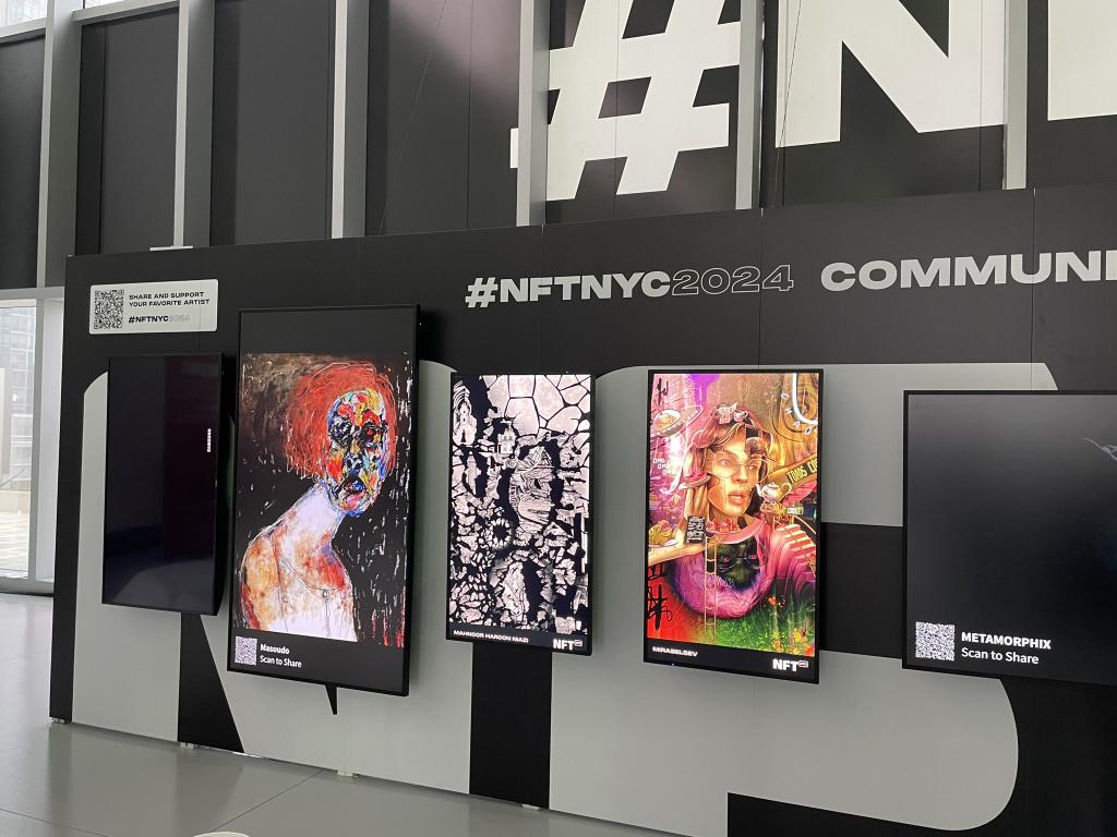 Here we go 

My painting " Britt Marie " is on display at #NFTNYC2024  
 Big hugs to dear dear friends  : 
<a href="/Joey_Colan/">Joey Colangelo ⊹</a> 
<a href="/tayaferdinand/">Taya Ferdinand🇺🇦</a> 
<a href="/TheLittleShishi/">Shirin</a> 
For taking photos of my art 🫂
&amp; especially thanks to <a href="/NFT_NYC/">NFT.NYC</a> 
for this super cool exhibition