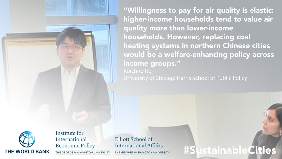 Keynote speaker @itonomics (@HarrisPolicy) examines 'Willingness to Pay for Clean Air: Evidence from Air Purifier Markets in China,' observing a positive air purifier market response to pollution induced by coal heating systems built by the government north of the Huai River.