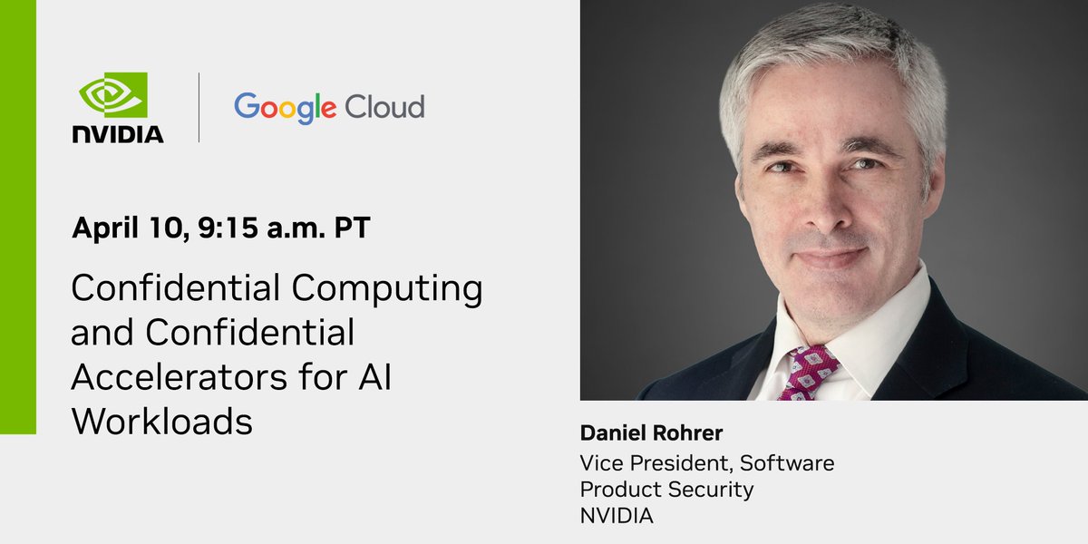 Register for #GoogleCloudNext to hear Daniel Rohrer, VP of Software Product Security at NVIDIA, discuss how the future of cloud computing is shifting to private, encrypted services where workloads stay verifiably isolated and protected. Sign up today: nvda.ws/43IGHAT