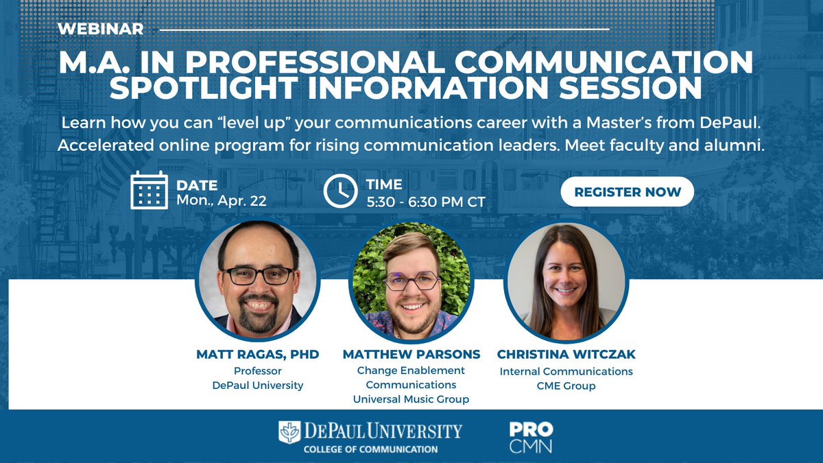 Learn about our accelerated Graduate Program for aspiring communication leaders. Alumni Matthew Parsons and Christina Witczak join Professor @mattragas to talk about the MA in Professional Communication program. Register here: bit.ly/3J6u7Sr