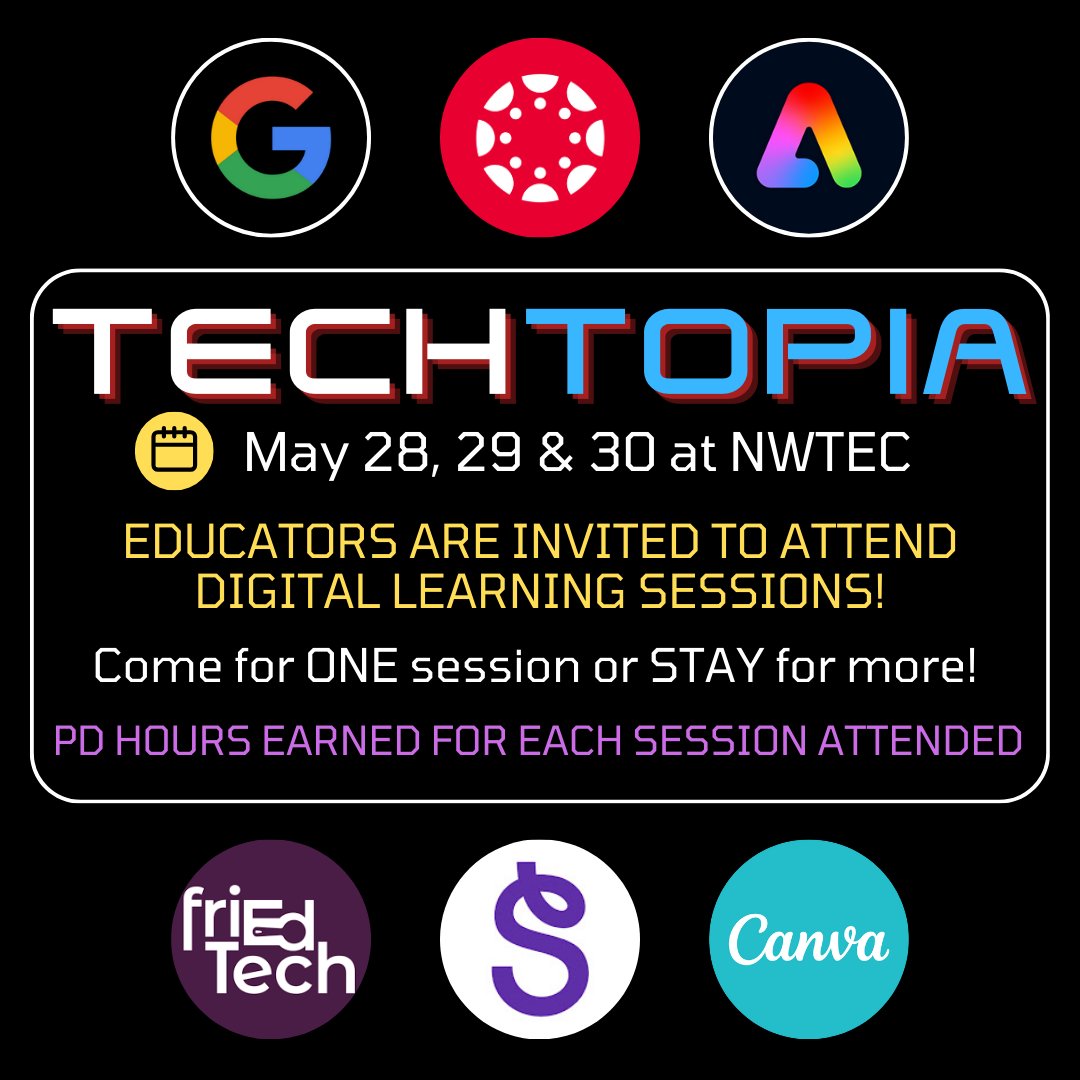 CFBDLS's tweet photo. Calling all digital educators!  Level up your tech skills at Techtopia!  May 28-30 at NWTEC. Learn about the latest digital tools &amp; integration strategies. Don't miss out! #Techtopia #CFBLearnDigital https://t.co/TqPEcHSy5i