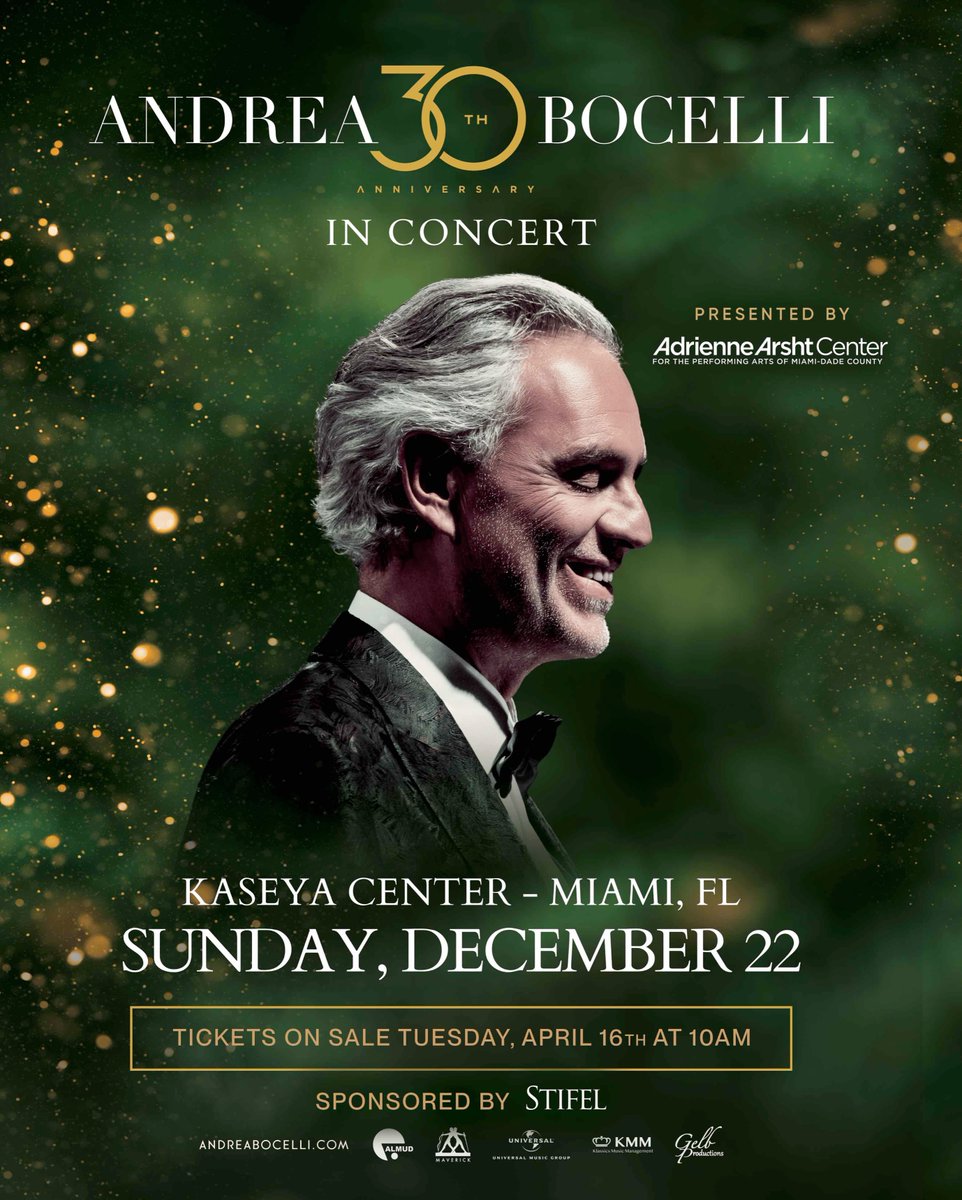 JUST ANNOUNCED: @AndreaBocelli is returning to Kaseya Center on Sunday, December 22. Tickets go on sale Tuesday, April 16 at 10 am.