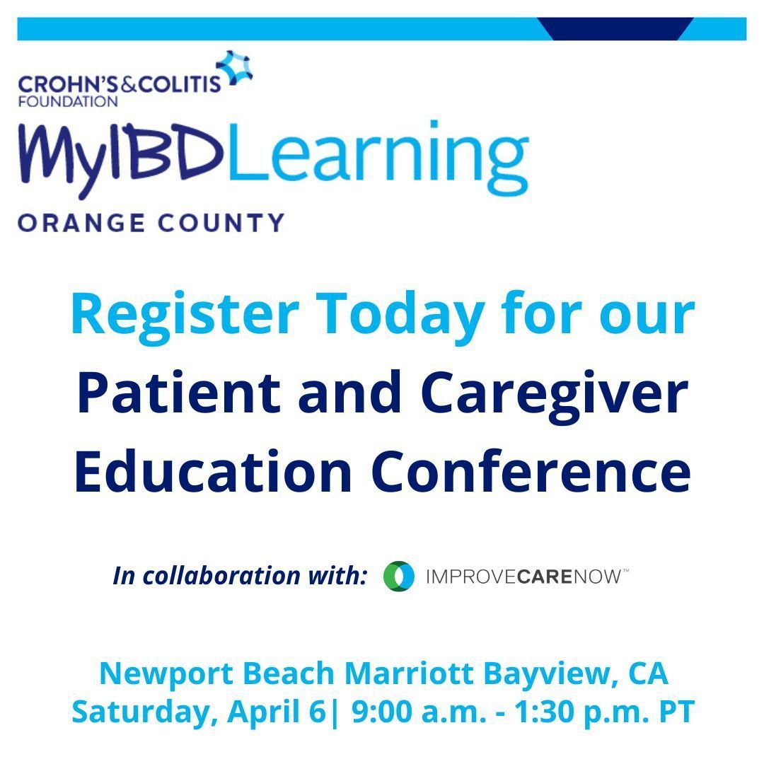 ImproveCareNow's tweet photo. Collaboration w. @CrohnsColitisFn continues! #MyIBDLearning events, featuring @ImproveCareNow members, are scheduled for April 💚 💙 Orange County CA improvers - there's an event in your area on April 6! Details 🔗 https://t.co/rQlNNKbecR #IBD #Event #RegisterNow https://t.co/JYpQmlSdBN