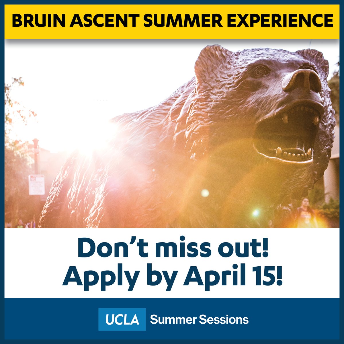 Apply for the Bruin Ascent Summer Experience (BASE) scholarship by the April 15 deadline! BASE is an online program providing high-achieving California 10th and 11th graders with the opportunity to earn college credit. Apply today! bit.ly/uclasummer-base
