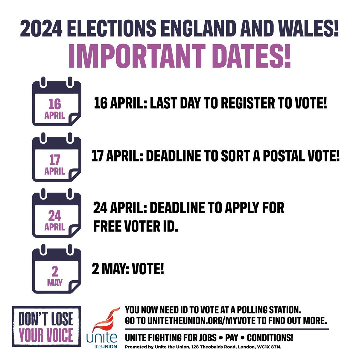 🗳️Have you registered to vote yet? The deadline to register for the 2nd May elections in England and Wales is 16 April. ❗Remember to bring photo ID!! You need ID to vote at a polling station. #DontLoseYourVoice Find out more at unitetheunion.org/myvote #UKelections2024