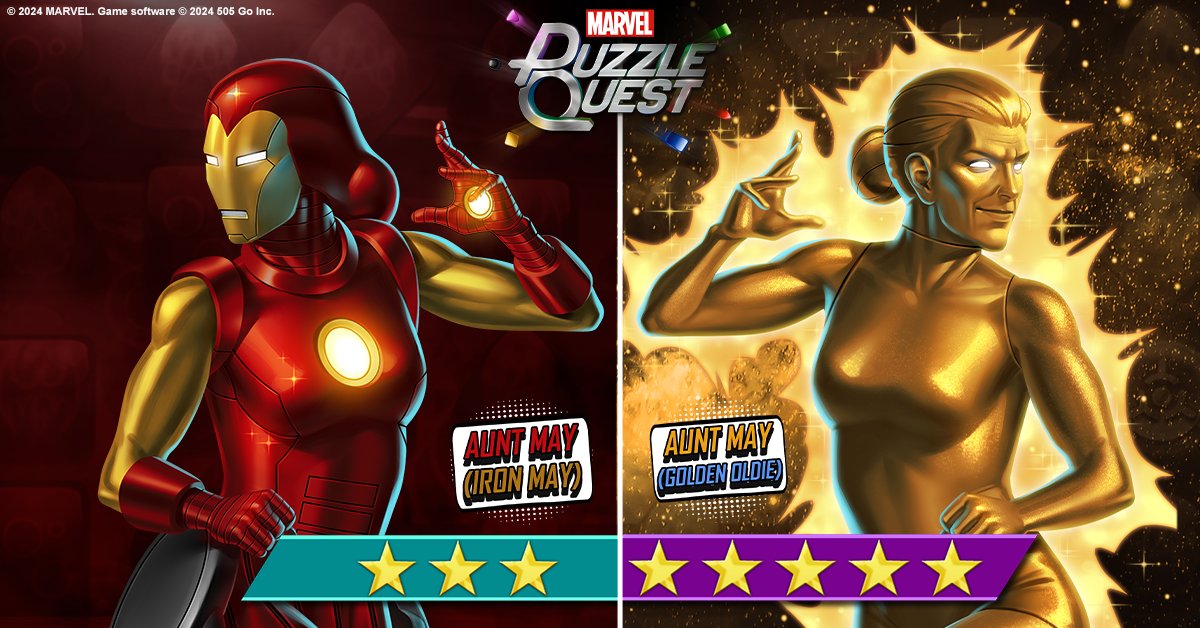 Evil whipper-snappers beware, Aunt May is here to cook up some special justice! Armor up as Iron May 🍳 or take to the stars as the Golden Oldie 🌟 today in MARVEL Puzzle Quest!