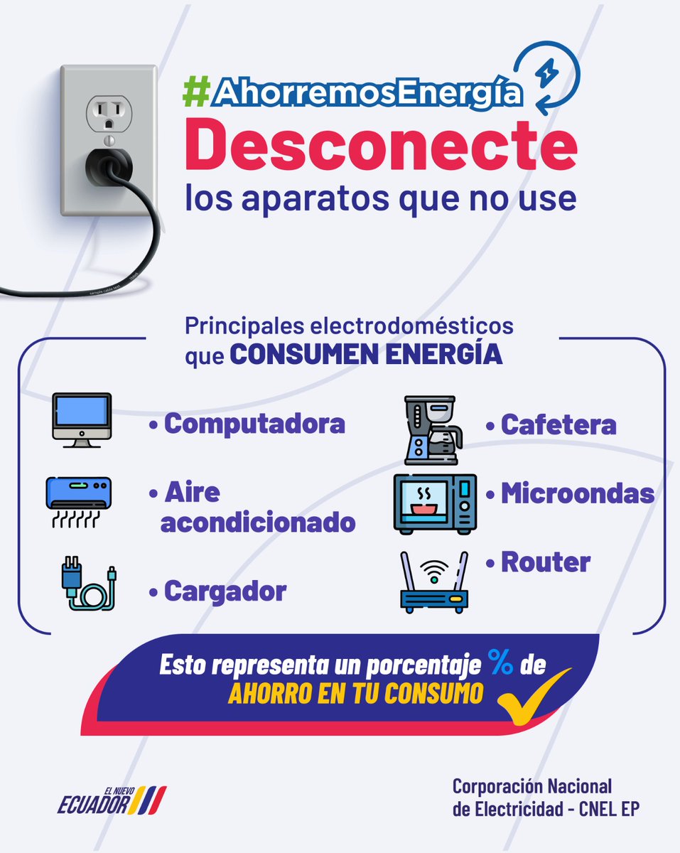#BuenUsoDeLaEnergía 💡
 En esta época de calor es importante desconectar los artefactos eléctricos cuando no los utilice y así evitar las sobrecargas. 
#ConsumoResponsable #AhorroEnergía
