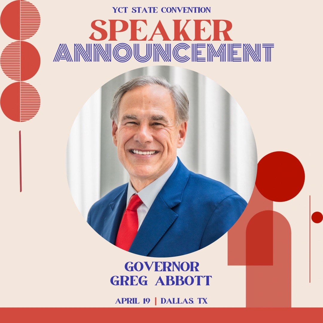 📢 Exciting news! We're honored to announce that @govabbott will be the keynote speaker at the 44th Annual YCT Convention! Mark your calendars for April 19th and join us in Dallas for an inspiring session! 🌟 #txlege #TXLeadership #YCT24