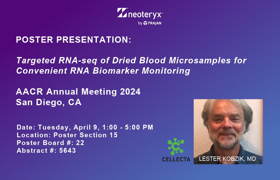 neoteryx's tweet image. On APRIL 9 at #AACR2024 don't miss a #microsampling poster presentation by Dr. Les Kobzik, @Cellecta on Targeted RNA-sequencing of dried blood #microsamples for #RNA biomarker monitoring. Register for #AACR: hubs.la/Q02pnWJs0
Get RNA info here: hubs.la/Q02pnyN10