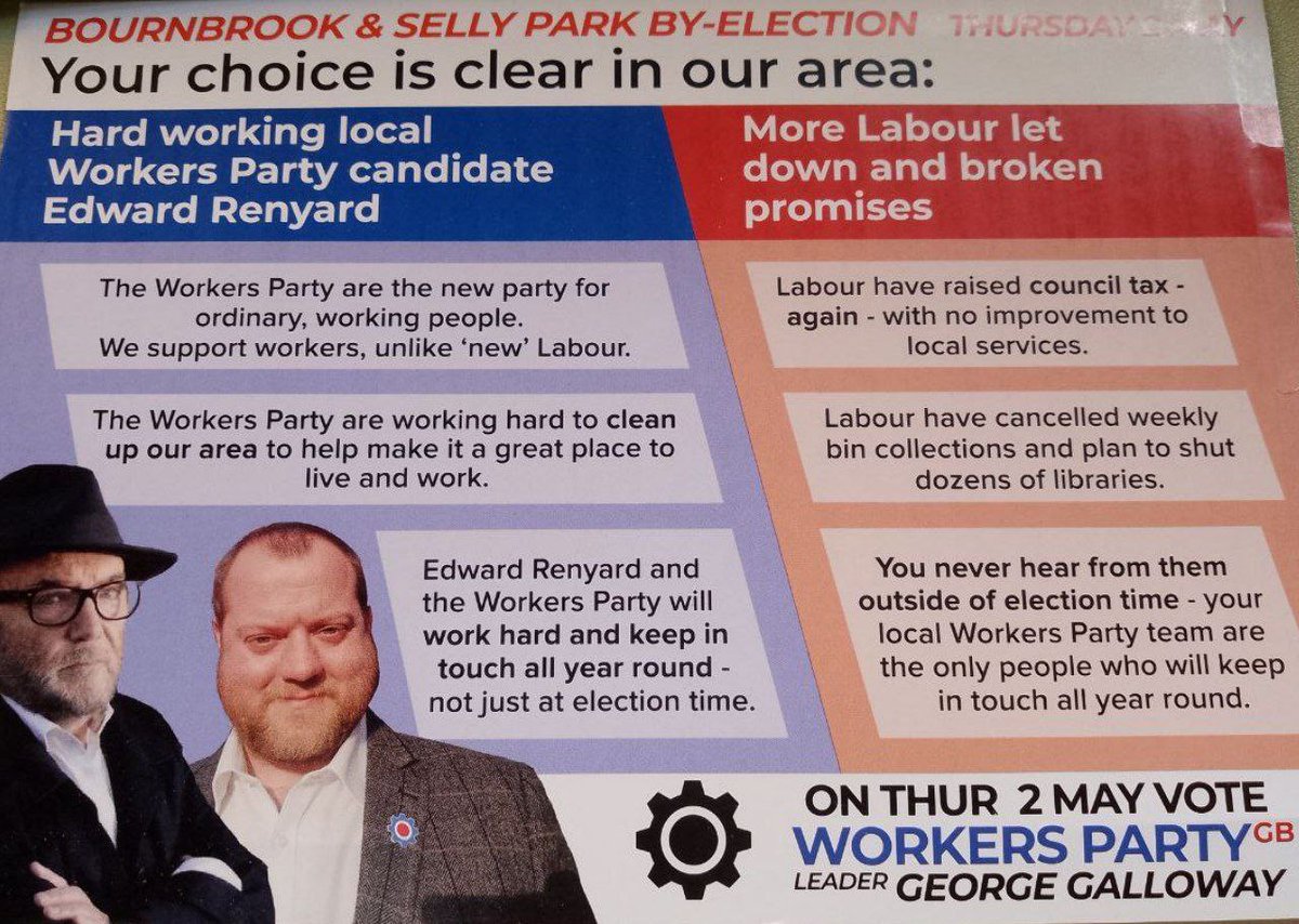 Going out leafleting this Saturday at #Bournbrook and #SellyPark for our @WorkersPartyGB candidate, Ed Renyard. If you fancy lending a hand, email birmingham@workerspartybritain.org. Go #TeamGB

@georgegalloway