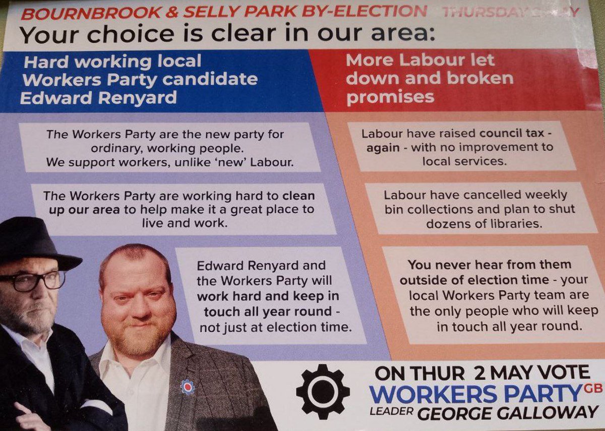 Going out leafleting this Saturday at #Bournbrook and #SellyPark for our <a href="/WorkersPartyGB/">Workers Party of Britain</a> candidate, Ed Renyard. If you fancy lending a hand, email birmingham@workerspartybritain.org. Go #TeamGB

<a href="/georgegalloway/">George Galloway</a>