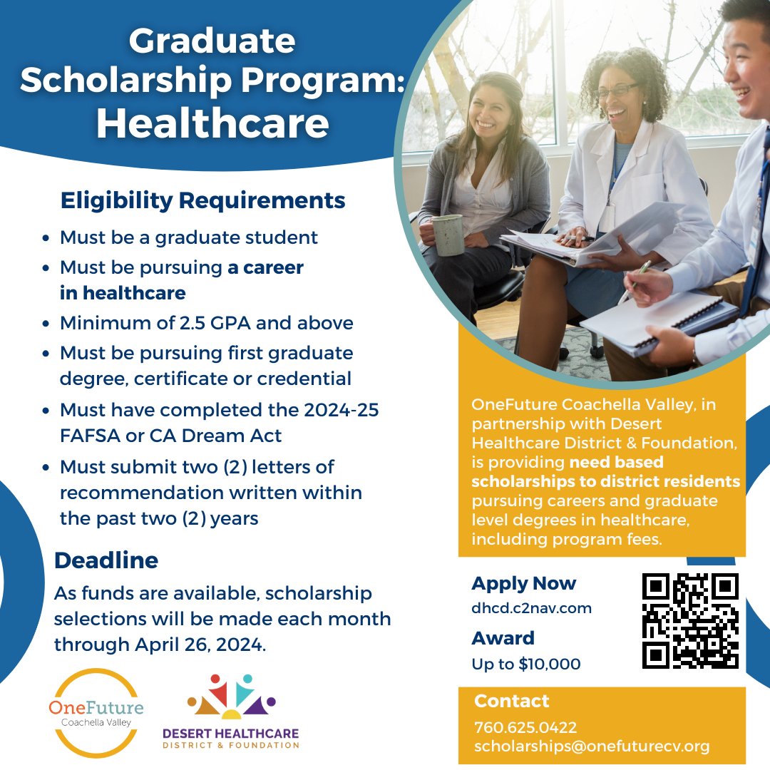 #HealthcareScholarship for Graduate students! 🎓 Applications are being accepted until Friday, April 26 as funds are available. Visit DHCD.c2nav.com to apply now! ⏰ @DesertHealthCV #Scholarship #DHCD #DesertHealthcareDistrict #FinancialAid #OneFutureCV