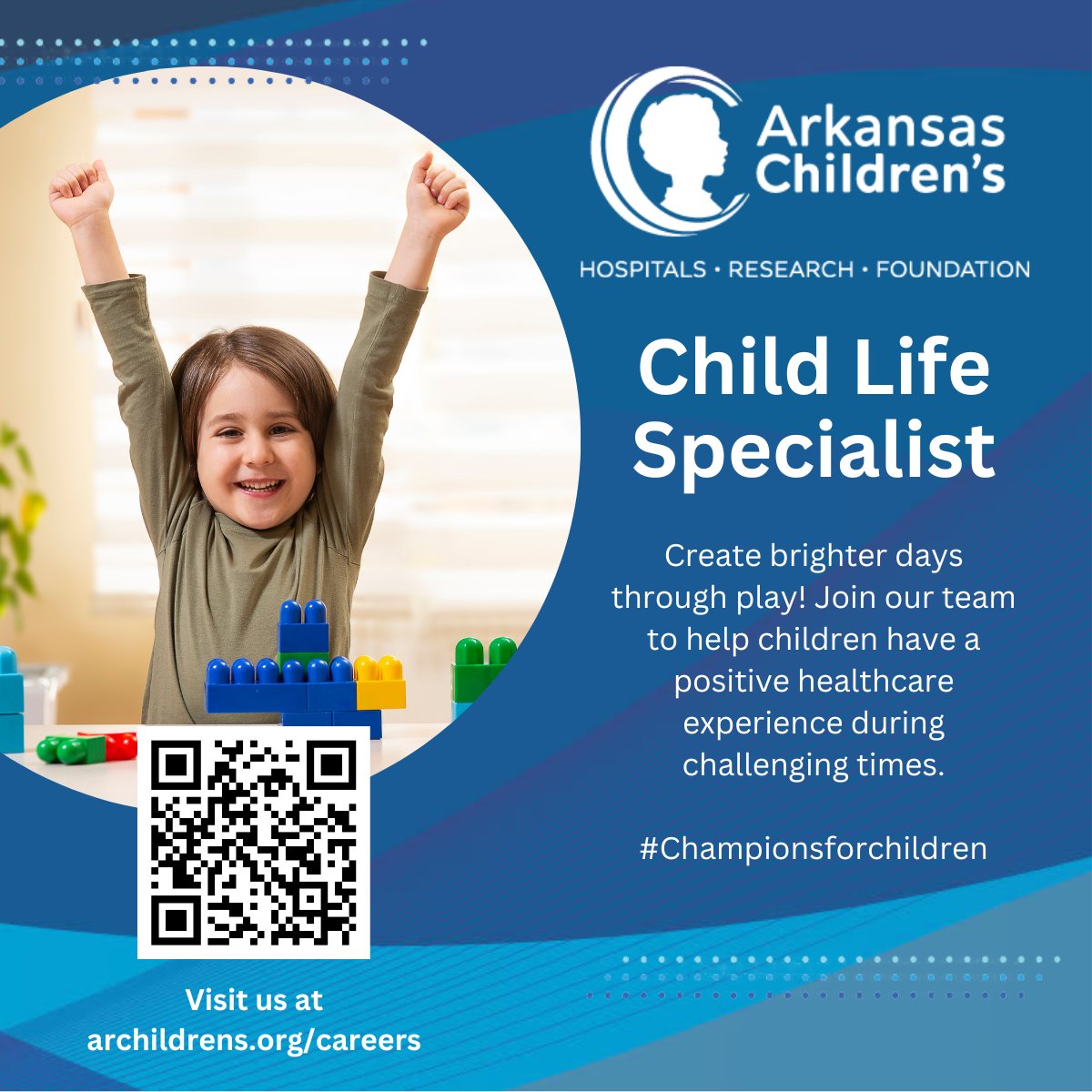 Join us as a Child Life Specialist. Apply at archildrens.org/careers #play #childlife #pediatrics