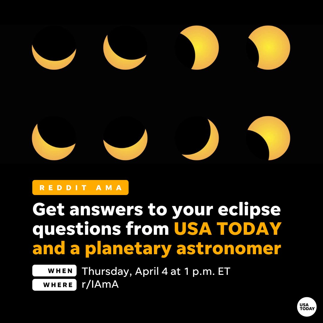 Wondering if you'll be able to see the solar eclipse? Great question. Get it answered today at 1 p.m. on Reddit, where @usatodayweather reporter Doyle Rice will be chatting all things eclipse alongside @ucla professor of astronomy @jeanlucmargot. reddit.com/r/IAmA/comment…