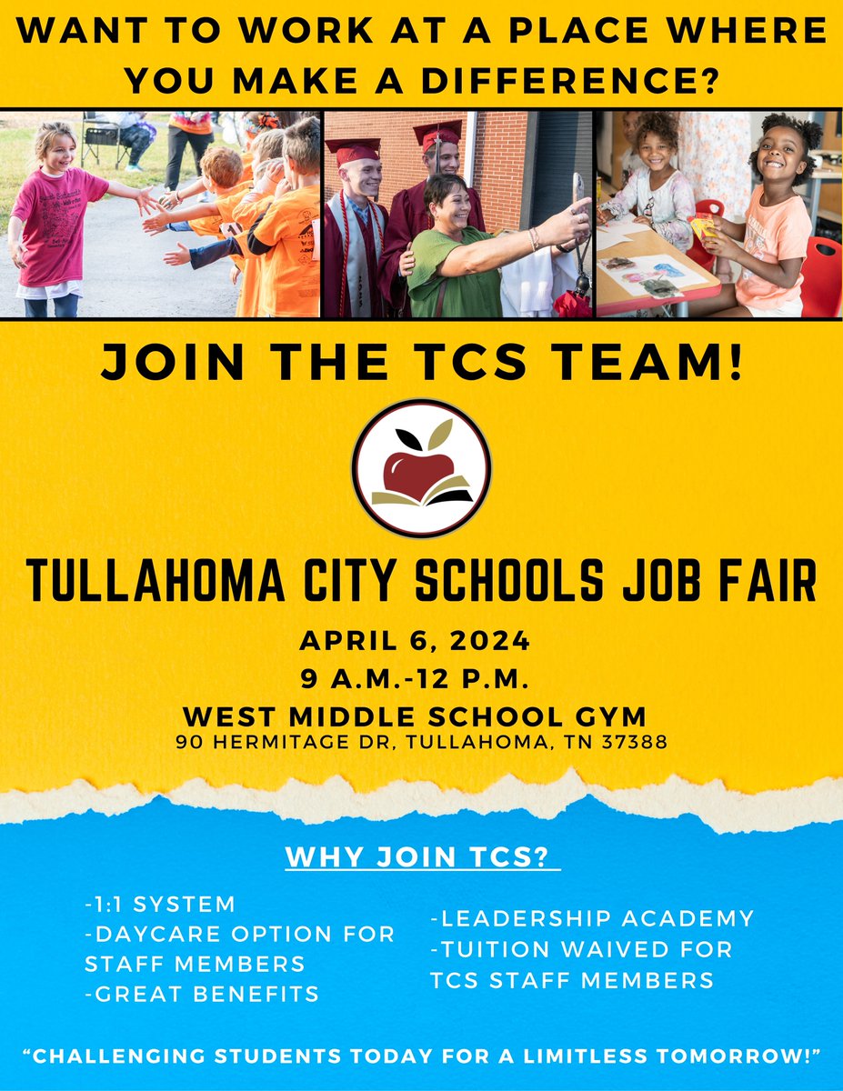 Tullahoma City Schools will host its annual Job Fair at West Middle School this Saturday! Come see us from 9-12 p.m. to see all about the opportunities we have for you to work at a place where you make a difference!